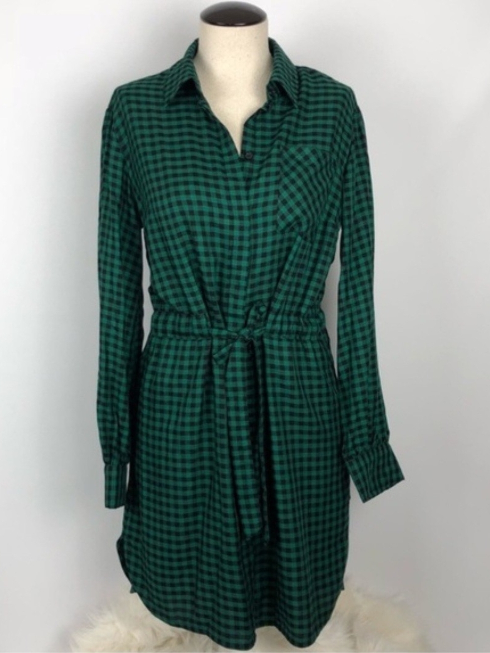 a new day Green Gingham Tie-Waist Shirt Dress - Large - Picture 2 of 8